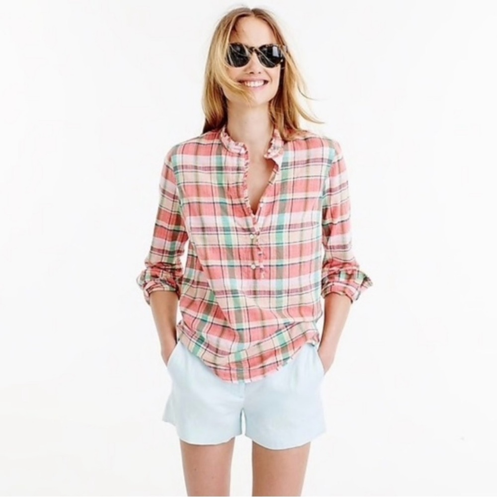J. Crew Coral, Mint and Navy Plaid Ruffle Collar Blouse